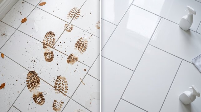 A trail of bare human muddy footprints on floor tiles leading towards a white bathroom tub for domestic hygiene and cleaning concepts.