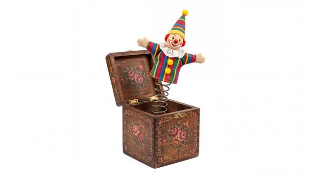 Vintage wooden jack in the box with a colorful smiling clown toy on white background