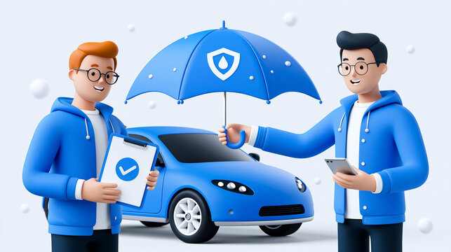 Zwei M&auml;nner pr&auml;sentieren blaues Auto unter Regenschirm mit Schutzsymbol