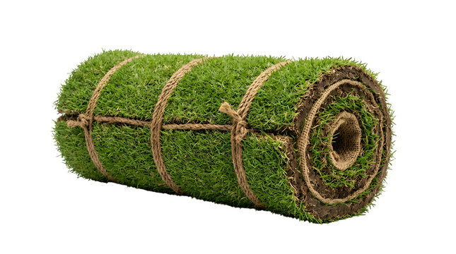 A rolledup piece of natural sod grass with soil and roots tied with twine isolated on transparent background
