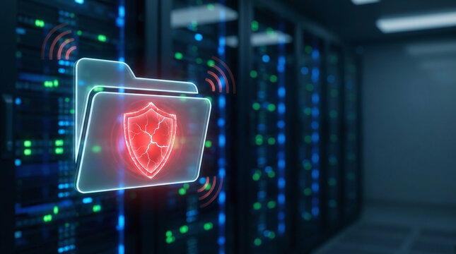 Glowing Red Shield on Digital File Folder Data Security in Server Room