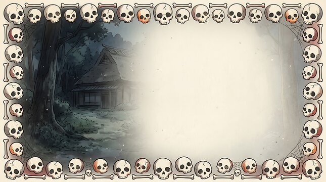 Helloween Frame Retro Anime Style Featuring A Spooky Skull Border And Haunted House