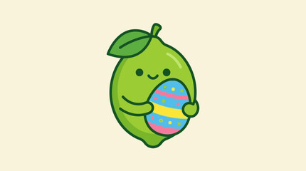 Fototapeta premium Cute lemon character holding colorful Easter egg.