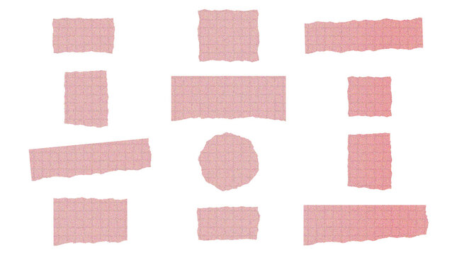 Pink paper scrap collection with torn edges and grainy texture featuring circles stars squares and rectangular banners.