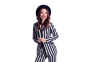 Fototapeta premium Portrait of excited charming attractive delightful tender romantic retro fashionable cool well-dressed relaxed rich wealthy girl taking off her classic blazer isolated on gray background copy-space