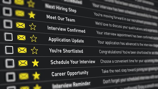 Close up of dark UI hiring emails with interview scheduled