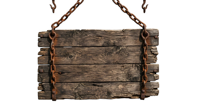 Old rustic wooden sign board hanging on rusty chains isolated on transparent background