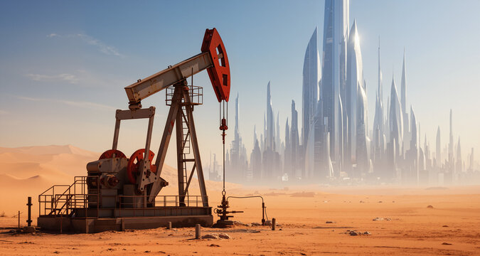 Oil extraction. An oil pumpjack in the desert, set against the backdrop of a futuristic city of the future.