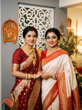 Two beautiful indian women in traditional bengali saree attire