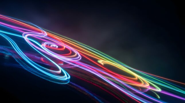 Abstract Multicolored Neon Light Trails with Dynamic Curves and Reflections on Dark Background