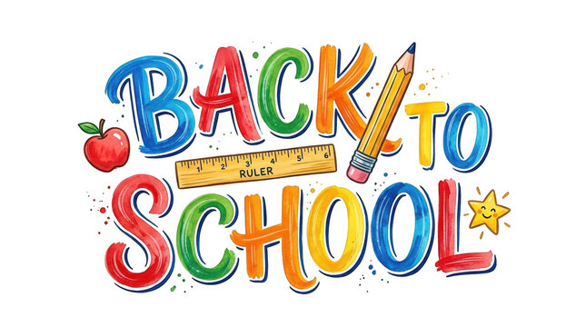 Back to school colorful lettering design with school supplies like pencil, ruler, apple and star isolated on transparent background