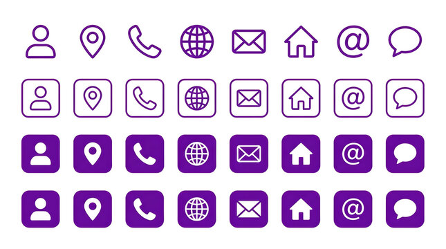 A comprehensive set of purple contact and communication line and solid icons in various styles, including person, location, phone, globe, email, home, at symbol, and speech bubble.