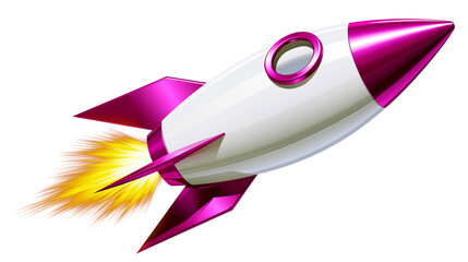 Sleek white and magenta rocket ship with fiery exhaust, isolated on transparent background © iPNGi