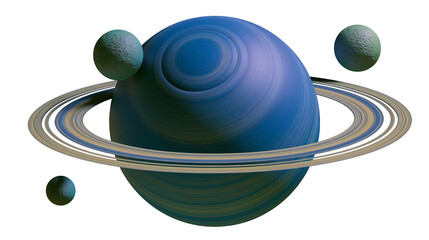 Blue ringed planet with three small moons, isolated on transparent background © iPNGi