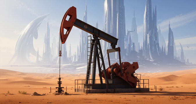 Oil extraction. An oil pumpjack in the desert, set against the backdrop of a futuristic city of the future.