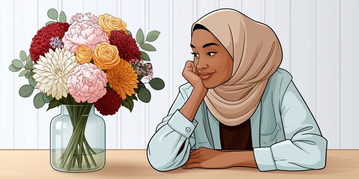 Woman appreciating beautiful floral arrangement with serenity
