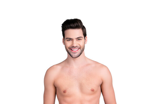 Portrait of unshaven shirtless man with perfect ideal skin isolated on grey background