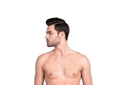 Profile side view turned half-faced portrait of handsome athletic guy with perfect ideal skin, isolated on grey background
