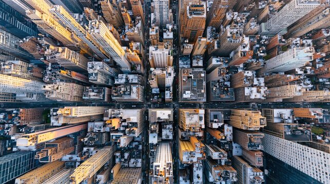 The City Skyline Aerial View Over Dense Downtown Skyscrapers From Above