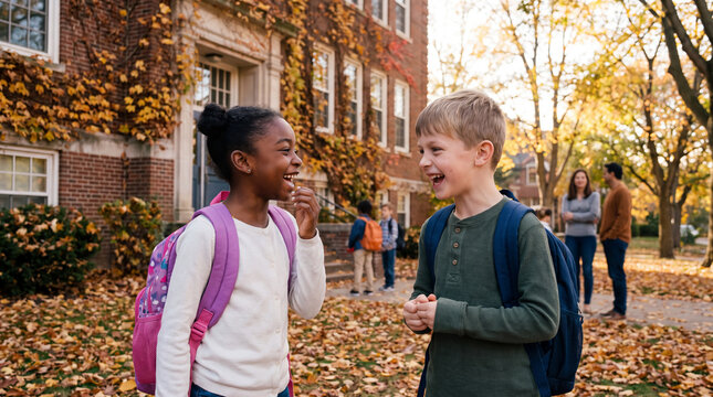 Back to school autumn day features happy diverse elementary students wearing backpacks talking outside school building for education banner