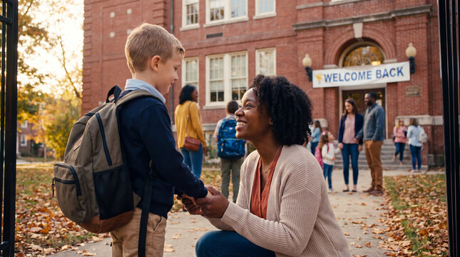 Back to school autumn morning features a parent holding elementary student hand at school gate for warm education greeting