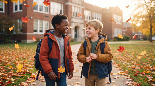 Back to school autumn campus path features happy diverse elementary students wearing backpacks walking among fall leaves