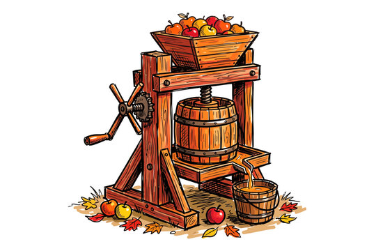 Vector illustration of an antique wooden apple cider press with a barrel and apples, showcasing traditional autumn harvest and beverage making.