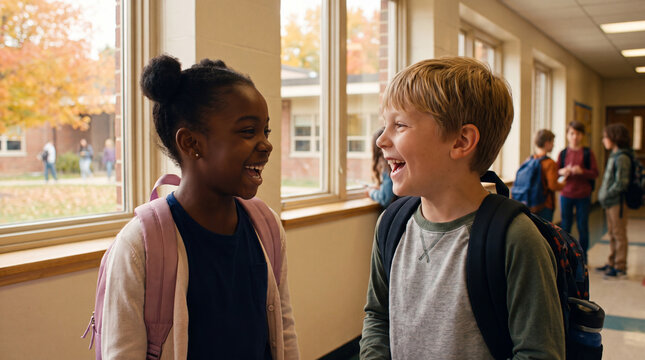 Back to school autumn hallway features happy diverse elementary students wearing backpacks talking between classes for education banner