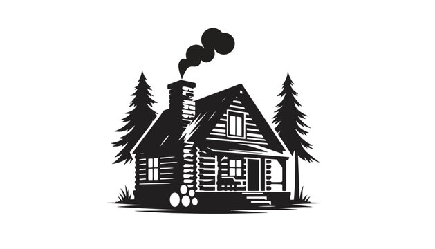Rustic wooden cabin with chimney smoke silhouette illustration, silhouette