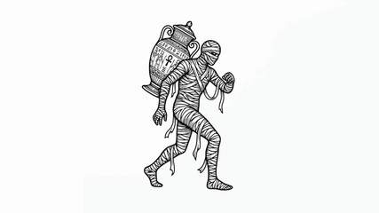 Fototapeta premium A wrapped ancient Egyptian creature carries a massive decorative clay vessel upon its shoulders while walking across a desolate desert landscape during the golden hour of the burning morning