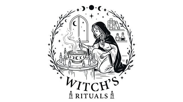 A mystical sorceress performs a powerful incantation by brewing magical potions within her enchanted chamber while surrounded by flickering candles and ancient celestial symbols under
