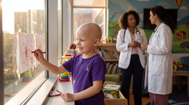 Young patient is drawing at a sunny hospital window with medical team in background, capturing hope and creativity in pediatric healthcare campaigns