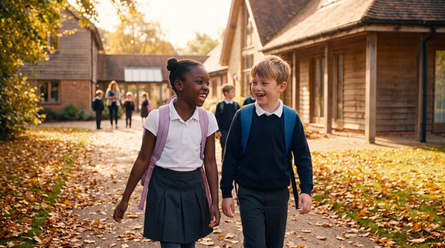 Back to school autumn campus features happy diverse elementary students wearing backpacks walking and talking for education banner