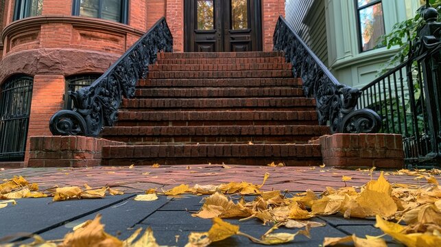 Low Angle View of Historic Brownstone Steps in Autumn.
