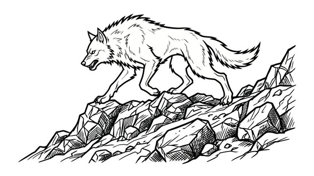 A solitary wild wolf prowls across the rugged mountain cliffs while searching for prey during a cold winter night in the northern forest landscape as shown in this hand drawn ink sketching piece