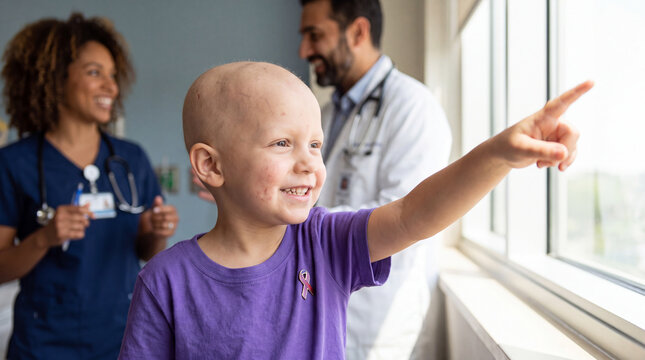 Young patient is pointing toward a bright window with hope and curiosity, pediatric healthcare image for awareness and fundraising campaigns