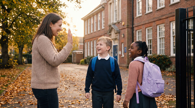 Back to school autumn morning features a parent waving goodbye to two elementary students at school gate for education greeting