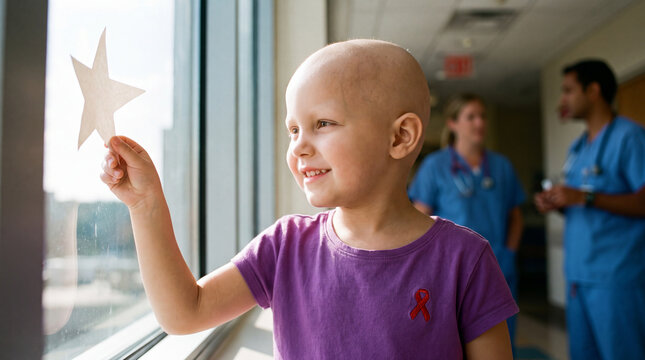 Young patient is holding a paper star up to bright window light, symbolizing hope and dreams in pediatric healthcare awareness campaigns