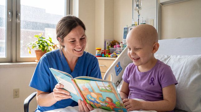 Caring nurse is reading a picture book to a smiling young patient in a bright hospital room, perfect for pediatric healthcare support posters