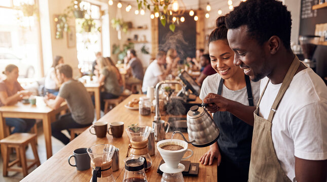 Two joyful diverse baristas are brewing pour-over coffee at a cozy cafe for National Coffee Day marketing and advertising campaigns