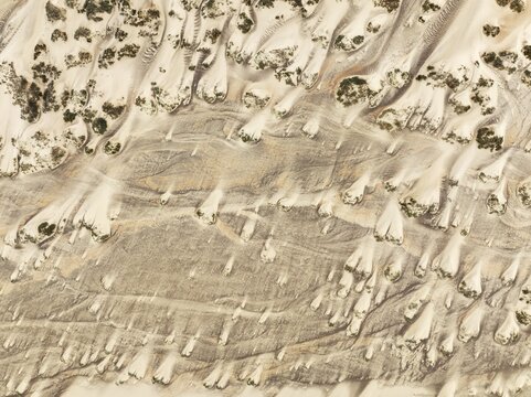 Sand hummocks caused by dwarf shrubs. Aerial view. Drone shot. Namib Desert, Skeleton Coast, Namibia