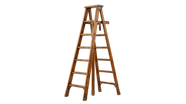 Vintage wooden step ladder with brass hardware isolated on transparent background