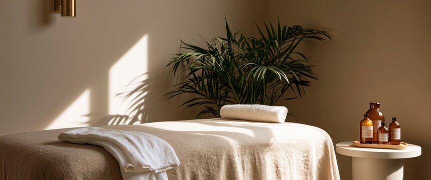 Modern minimalist spa treatment room with massage table and natural light.
