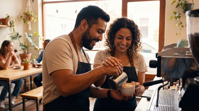 Latino and Mediterranean baristas are frothing milk cheerfully at a cozy coffee shop for National Coffee Day campaign imagery