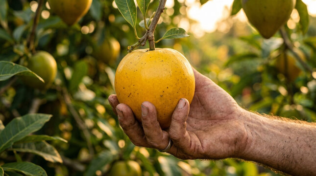 Hand holding ripe yellow lucuma fruit in orchard at sunset, focus on fresh produce