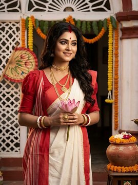 Beautiful bengali woman in traditional saree holding a lotus flower
