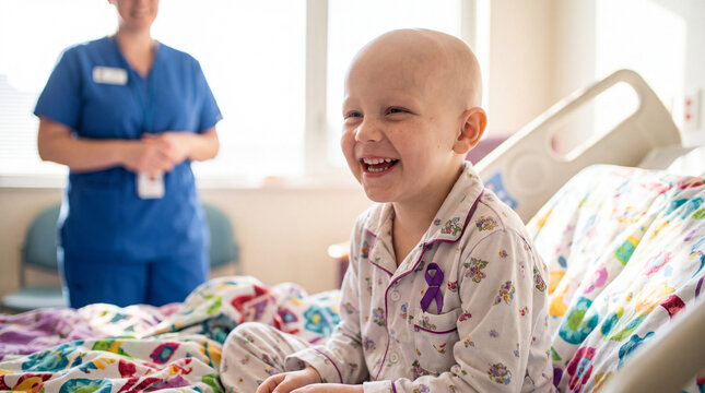 Young patient is sitting up and laughing in a colorful hospital bed, surrounded by caring medical staff, perfect for pediatric care posters