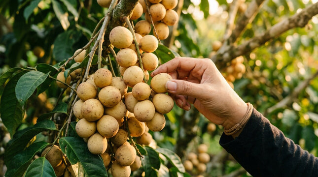 Hand picking ripe langsat fruits from tree, tropical harvest, sunlight