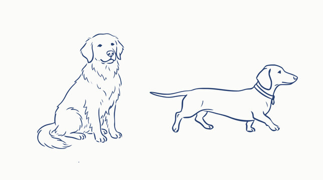 Golden retriever and dachshund dog line drawing illustration Vector