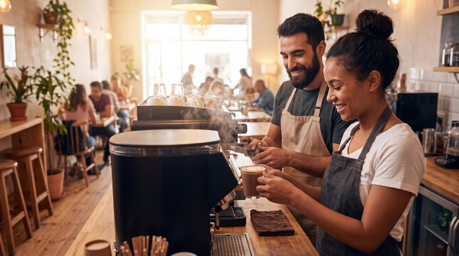 Greek and Colombian baristas are preparing mocha at a warm coffee shop for National Coffee Day promotional banners and ads